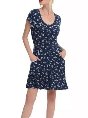 Hot Topic Navy & White Nautical Print Fit-and-Flare Mini Dress Size Womens Med